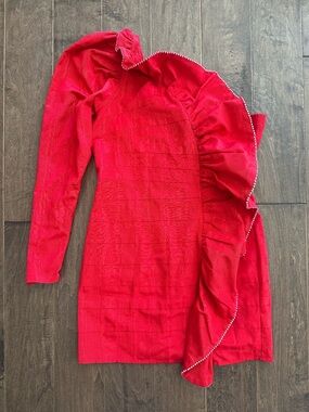 For Love & Lemons Red One-Shoulder Ruffle Bandage Mini Dress